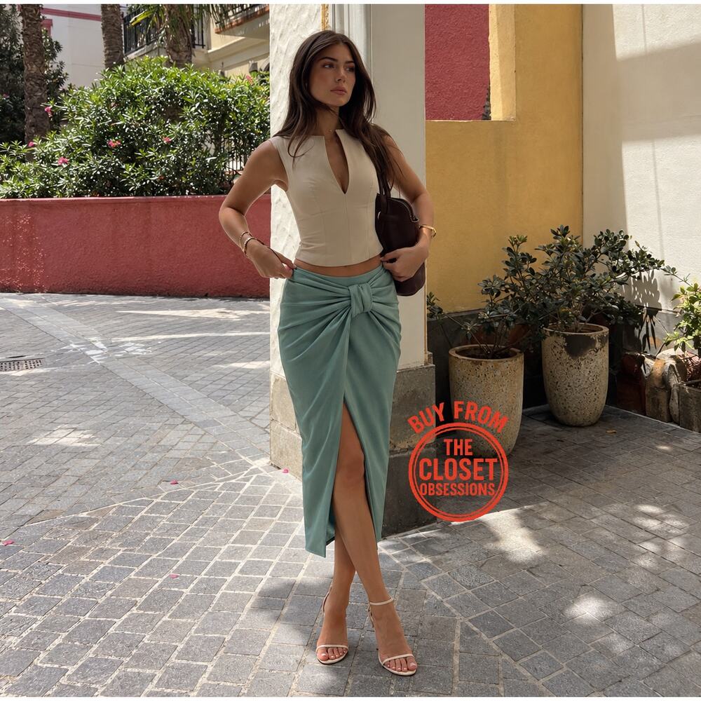 ZARA Blogger Fave Sea Green Front Wrap Midi Skirt Knot Detail NWT - Picture 5 of 16